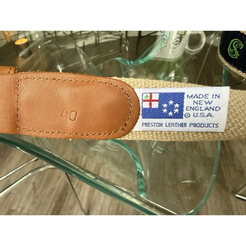 Preston Belt Golf Country Club Blue Green Leather Canvas Brass‎ USA Sz 40